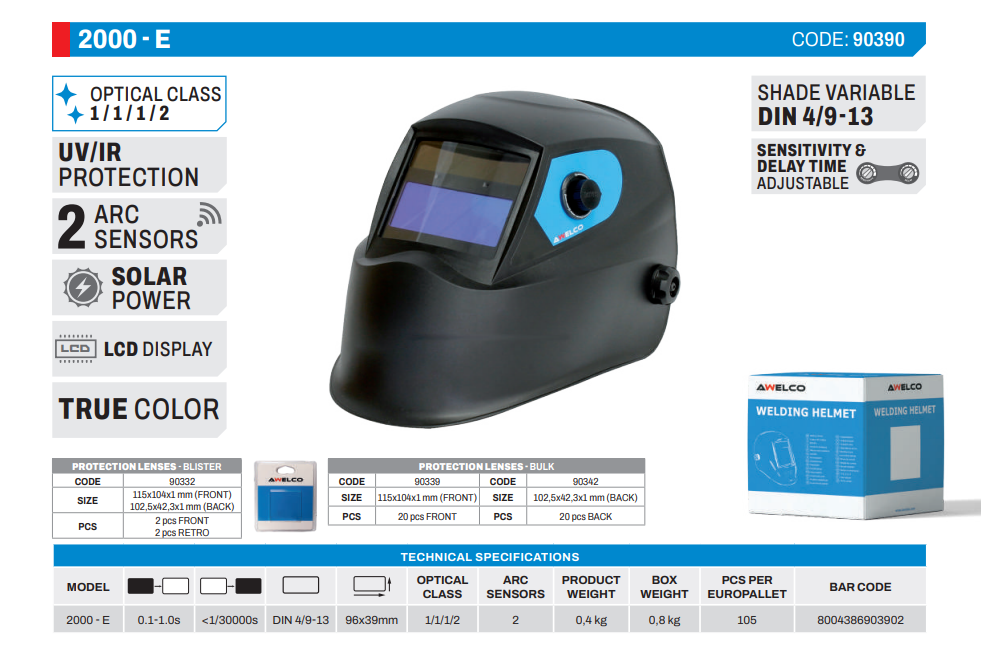 AWELCO - Casco Maschera Saldatura Autoscurante 2000-E 90390 | DIN 4/9-13 | 2 Sensori | True Color | Solar LCD | UV/IR