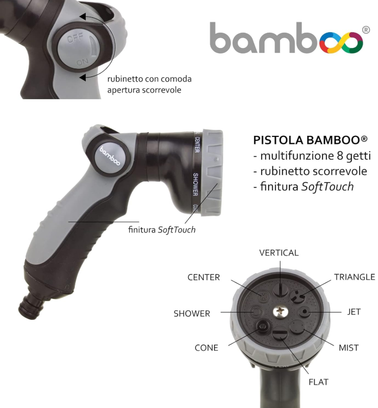 BAMBOO - Pistolet d'arrosage multifonction SL-BB2117 | 8 jets | Robinet coulissant | Finition SoftTouch