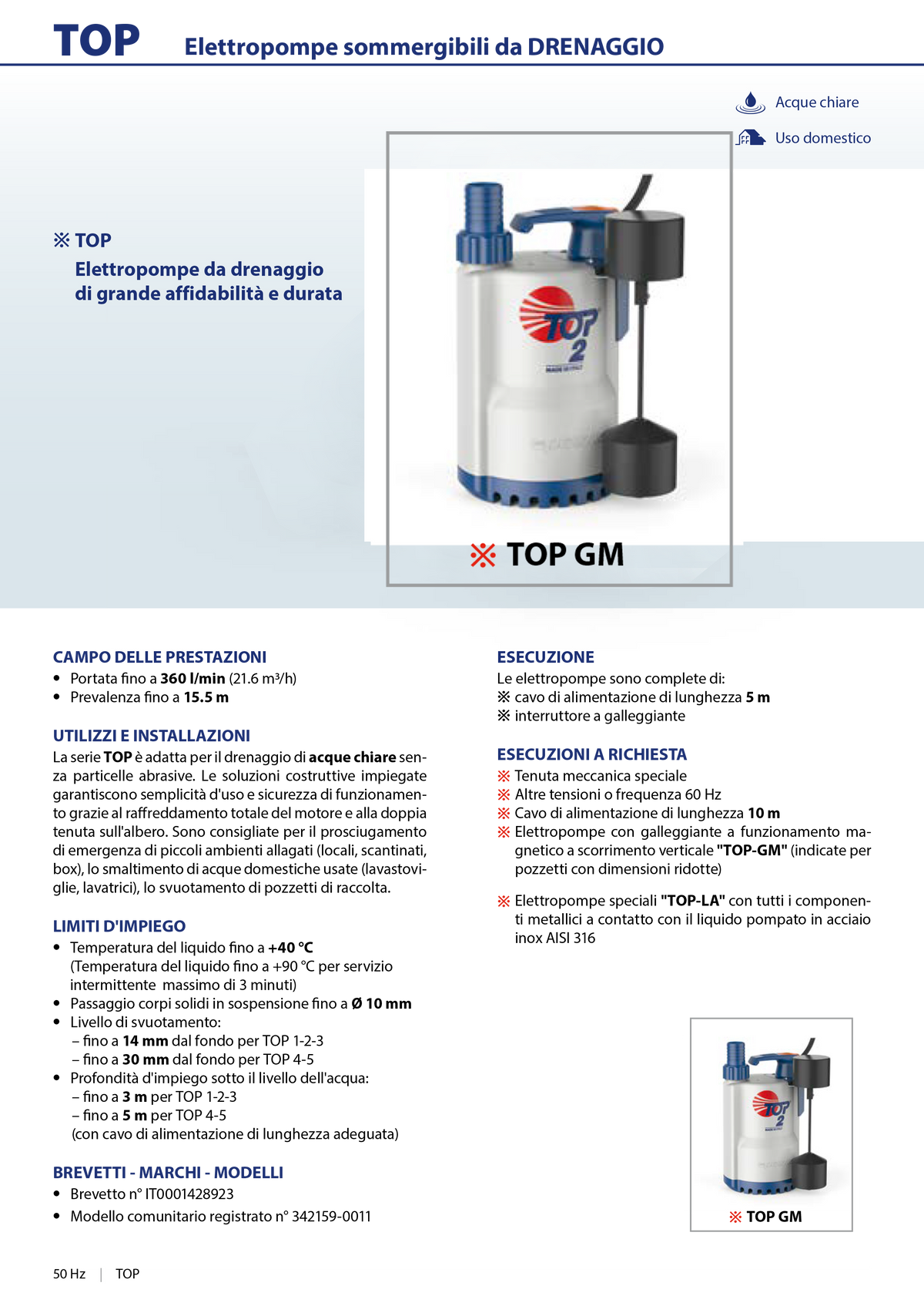 PEDROLLO 0.75HP TOP3 Submersible Electric Pump for Clear Water Drainage