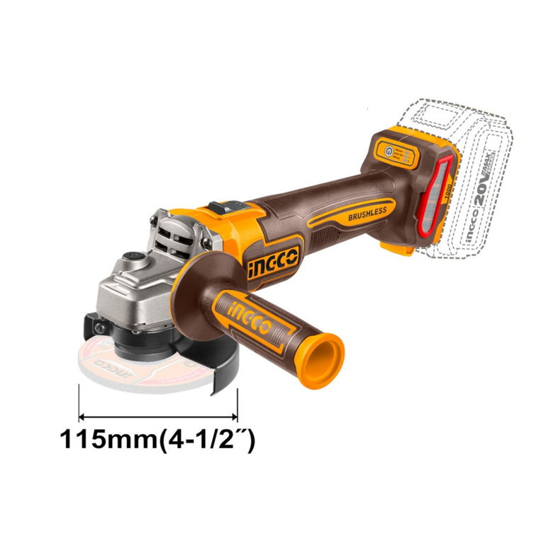 INGCO - Smerigliatrice Angolare Brushless 115mm CAGLI27153E | 20V 1000W | 3 Velocità 3000-9000rpm | M14 | Solo Corpo