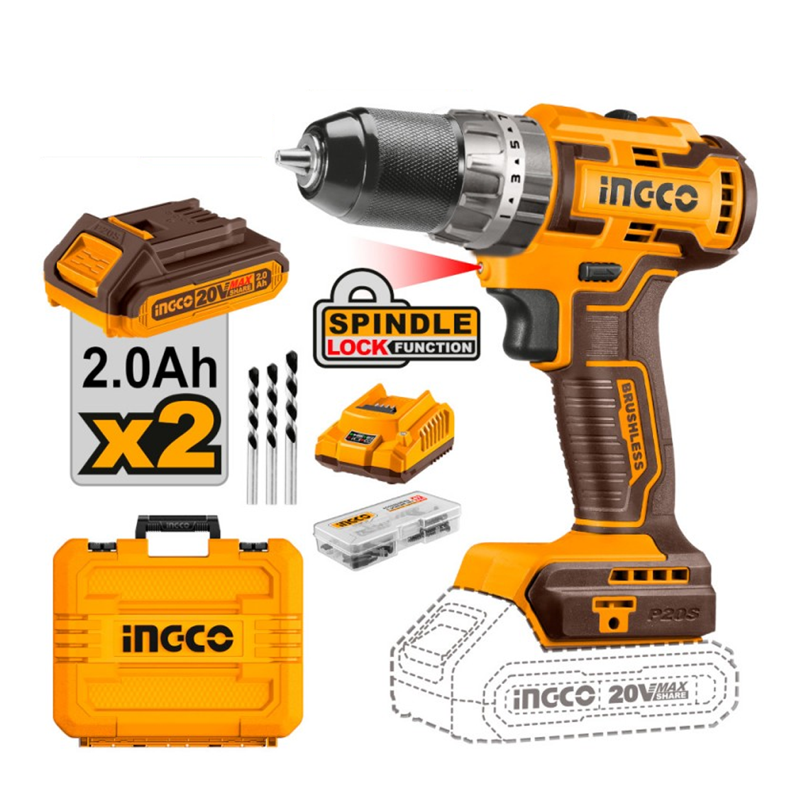 Perceuse-visseuse à percussion 70 Nm BRUSHLESS 20V sur batterie - INGCO