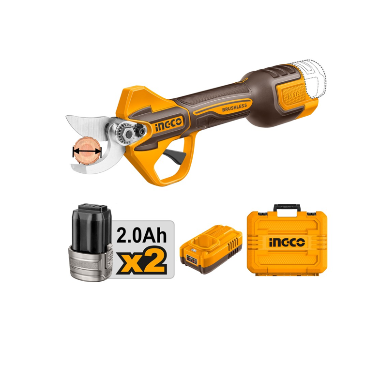 INGCO - Forbici da Potatura a Batteria CSSLI162582E | 16V Brushless | Taglio Ø25mm | 2 Batterie | Kit Completo