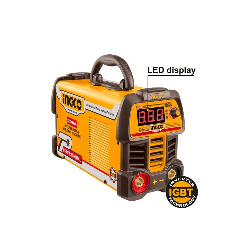 INGCO - Poste à souder Inverter MMA ING-MMA20069E | 200A | IGBT | Écran LED | Électrodes 1,6-4mm | Kit complet