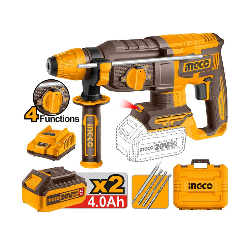 INGCO - Martello Perforatore Brushless CRHLI262085E | 20V SDS-Plus | 2,5J | 4 Funzioni | 2 Batterie 4Ah