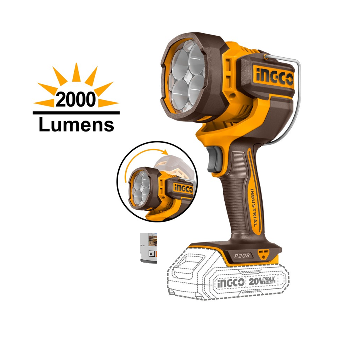 INGCO – CWLI2088 Arbeitsleuchte | 20 V | 2000 Lumen | 130° Abstrahlwinkel | Nur Gehäuse 