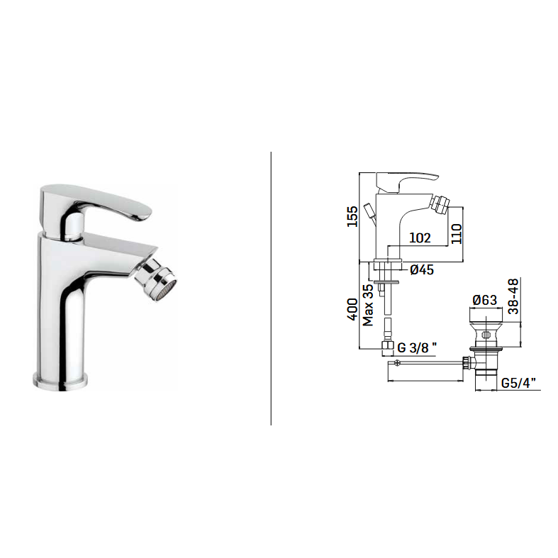 MAMOLI - Mitigeur monocommande bidet chromé Smile | Vidage inclus | Flexibles 3/8" | Cartouche céramique
