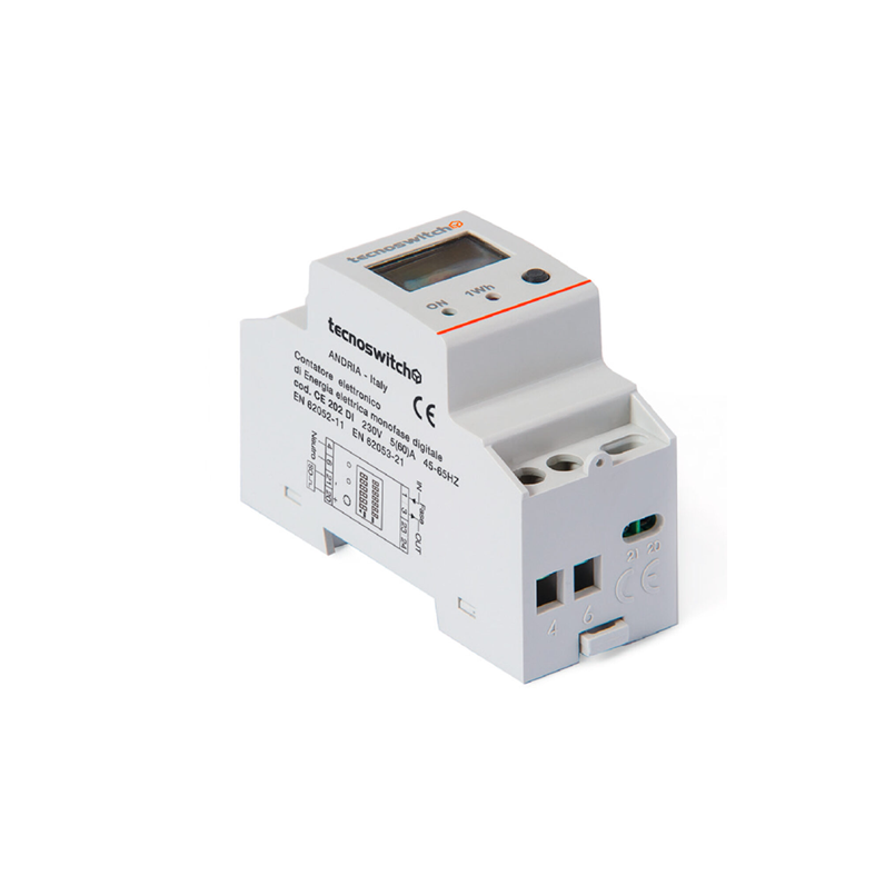 TECNO SWITCH - Contatore Energia Elettrica Monofase CE202DI | 2 Moduli DIN | 60A | Display LCD | Impulso