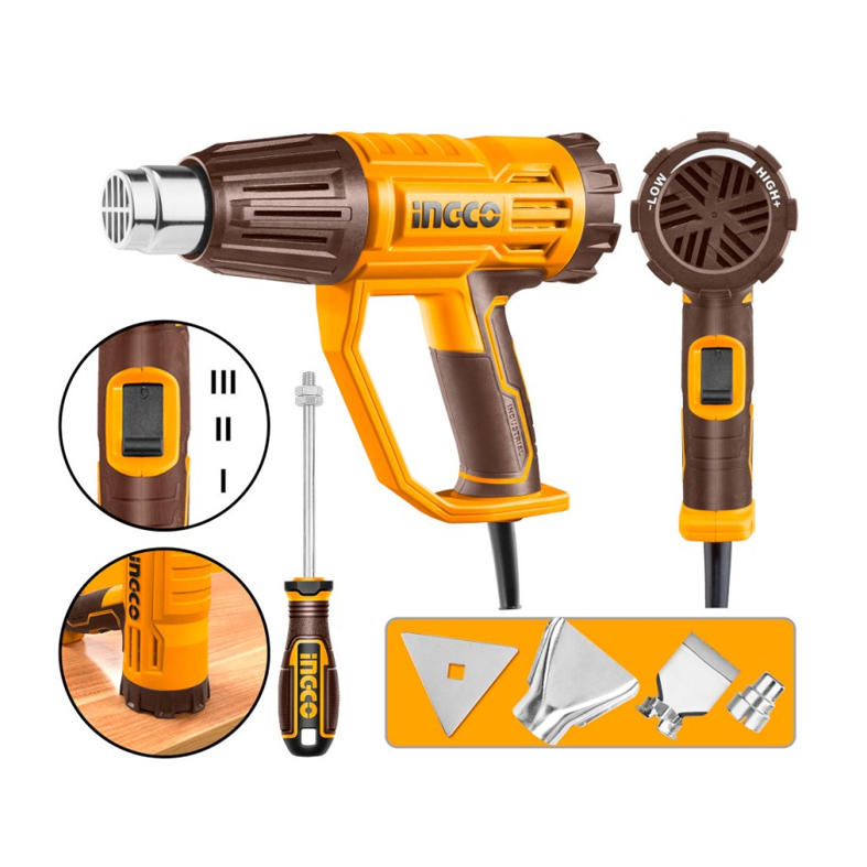 INGCO - Termosoffiatore Professionale HG200047 | 2000W | 3 Velocità | 50-570°C | 4 Ugelli + Raschietto | Pistola Termica