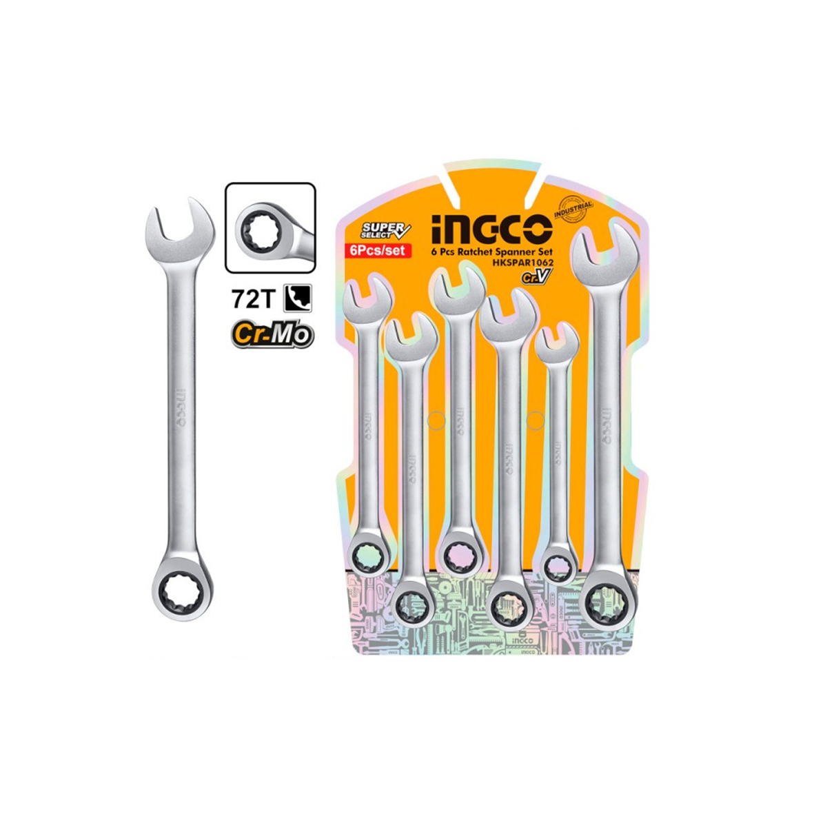 INGCO - Set 6 Chiavi Combinate a Cricchetto HKSPAR1062 | 8-17mm | Acciaio CR-V | Cricchetto Reversibile
