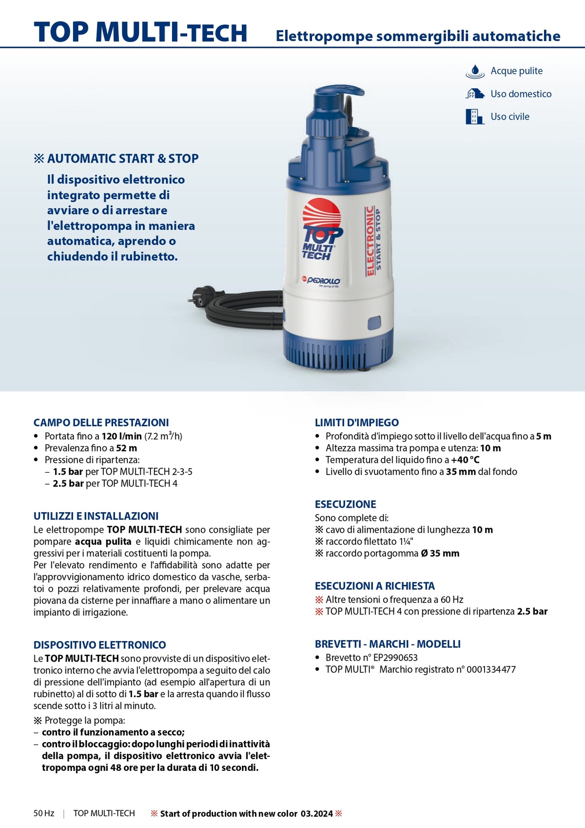 Pedrollo - Elettropompa Sommergibile Automatica TOP MULTI-TECH 2 | 0,75HP | 80 l/min | 38m | Start&Stop
