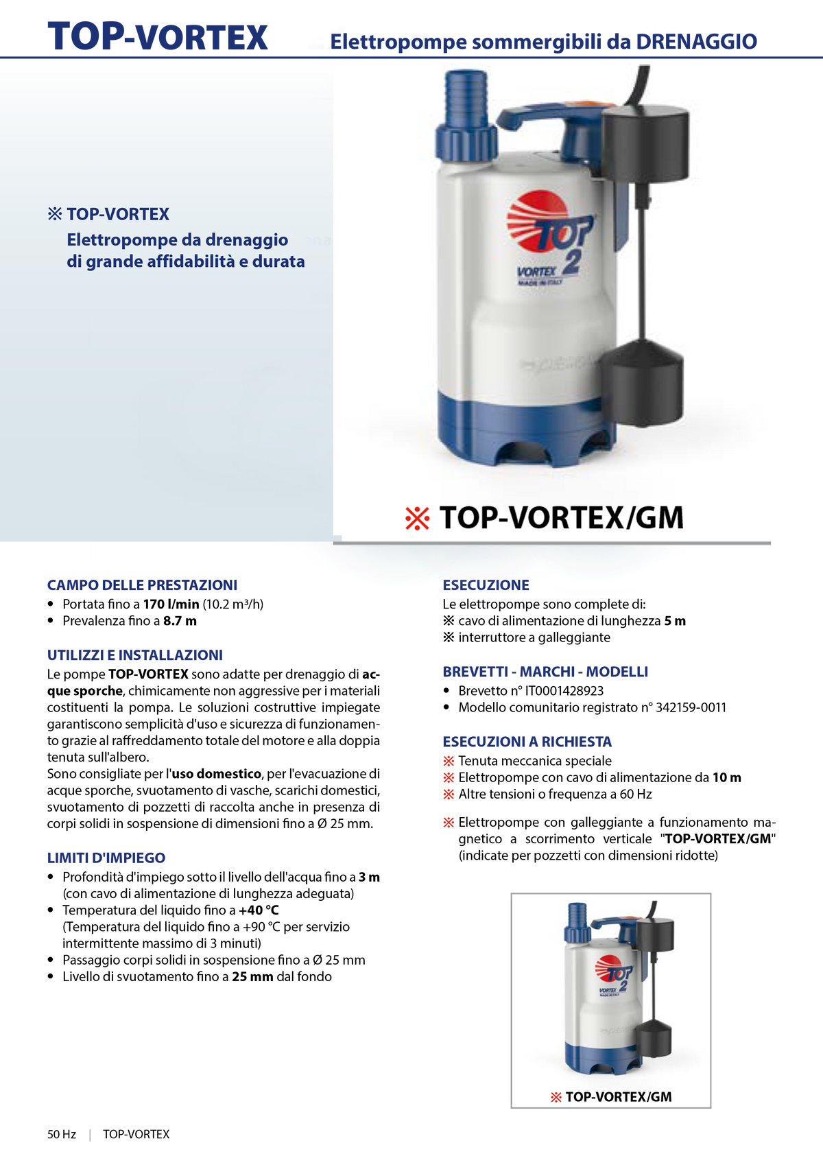 Pedrollo 0.50 HP TOP2 VORTEX / GM Submersible Electric Pump for Draining Waste Water