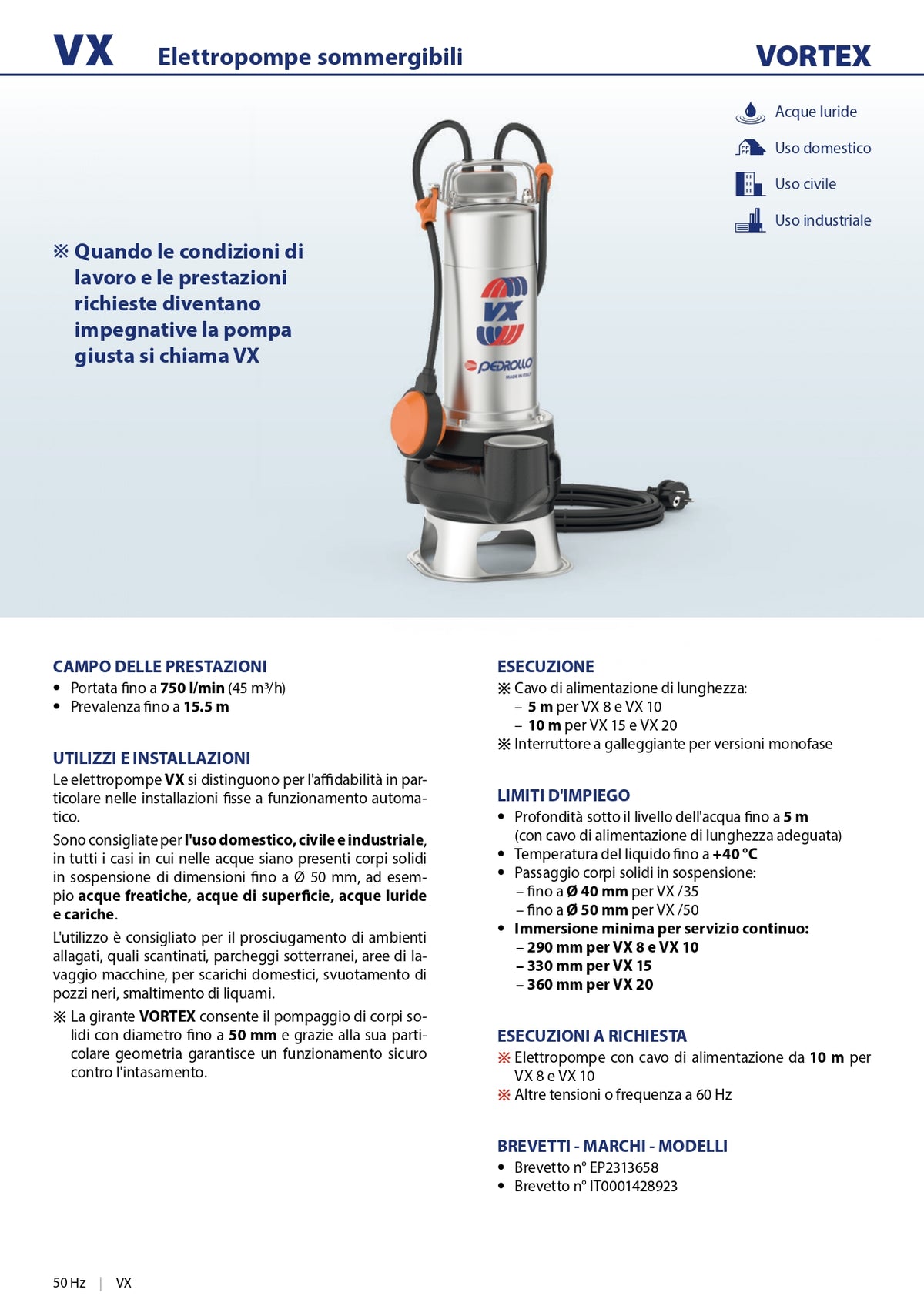 PEDROLLO - Elettropompa Sommergibile VXm 10/35 | Drenaggio Pozzi Neri e Liquami | Cavo 5m | 1HP | Ø40mm | IP68