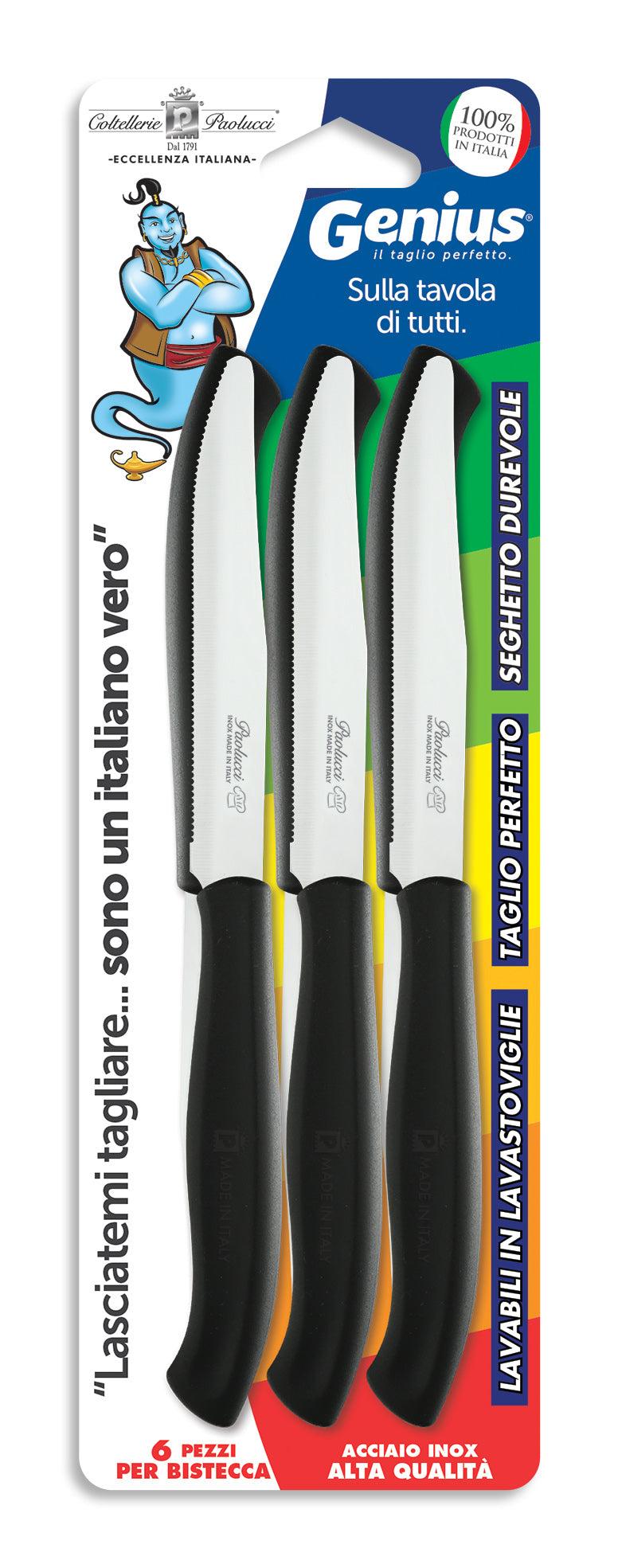 COLTELLERIE PAOLUCCI - Set 6 Coltelli Bistecca Lama Seghettata 11 cm GENIUS | Acciaio Inox | Made in Italy | Lavastoviglie | Manico Polipropilene