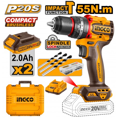 INGCO 20V 55Nm BRUSHLESS Compact Impact Drill Driver with 2 x 2Ah Batteries