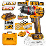 INGCO 20V 55Nm BRUSHLESS Compact Impact Drill Driver with 2 x 2Ah Batteries