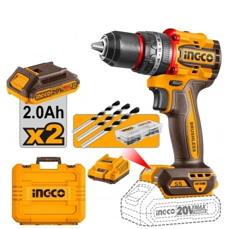 INGCO 20V 55Nm BRUSHLESS Compact Impact Drill Driver with 2 x 2Ah Batteries