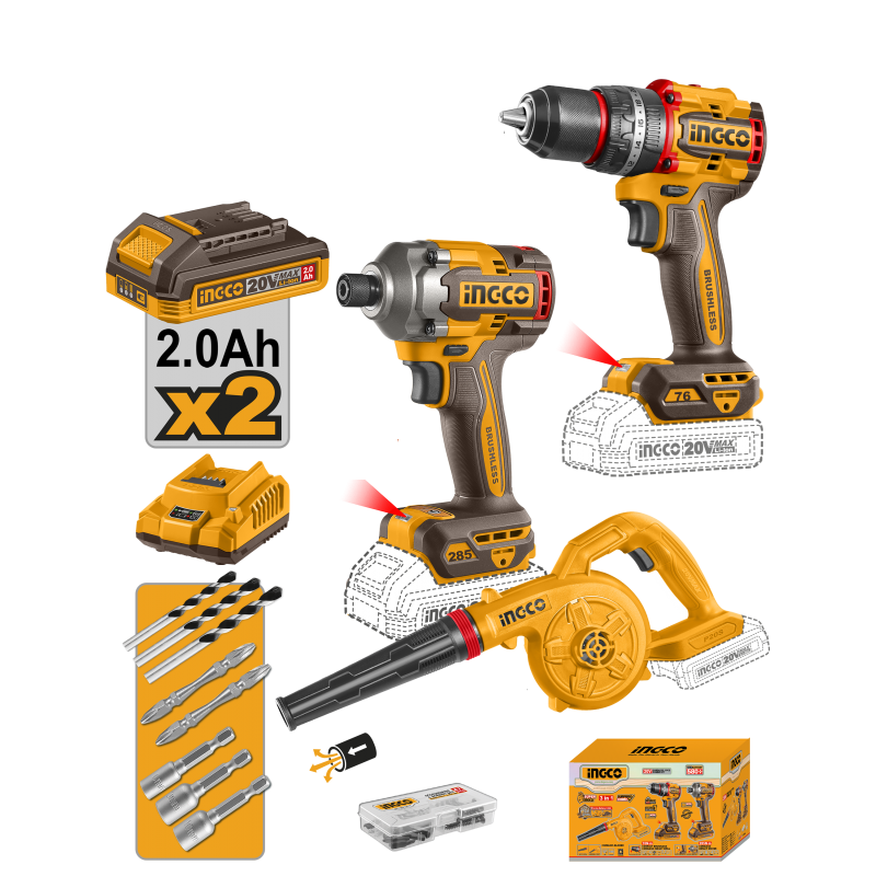 INGCO - Set Combo 3in1 Brushless 20V COSLI250182E | Trapano 76Nm + Avvitatore 285Nm + Soffiatore | 2x2Ah | P20S