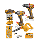 INGCO - Set Combo 3in1 Brushless 20V COSLI250182E | Trapano 76Nm + Avvitatore 285Nm + Soffiatore | 2x2Ah | P20S