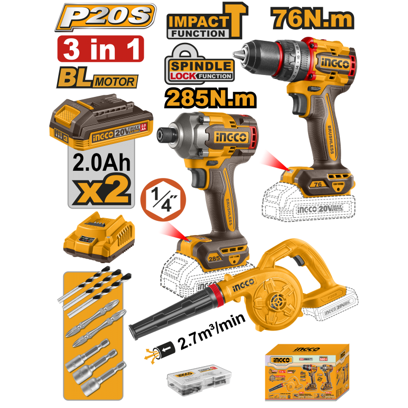 INGCO - Set Combo 3in1 Brushless 20V COSLI250182E | Trapano 76Nm + Avvitatore 285Nm + Soffiatore | 2x2Ah | P20S
