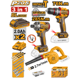 INGCO - Set Combo 3in1 Brushless 20V COSLI250182E | Trapano 76Nm + Avvitatore 285Nm + Soffiatore | 2x2Ah | P20S