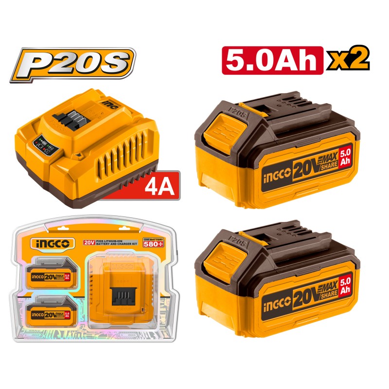 INGCO - Kit Starter 2 Batterie 5Ah + Caricabatterie Rapido FBCPK2513E | 20V | P20S | LED | 4A