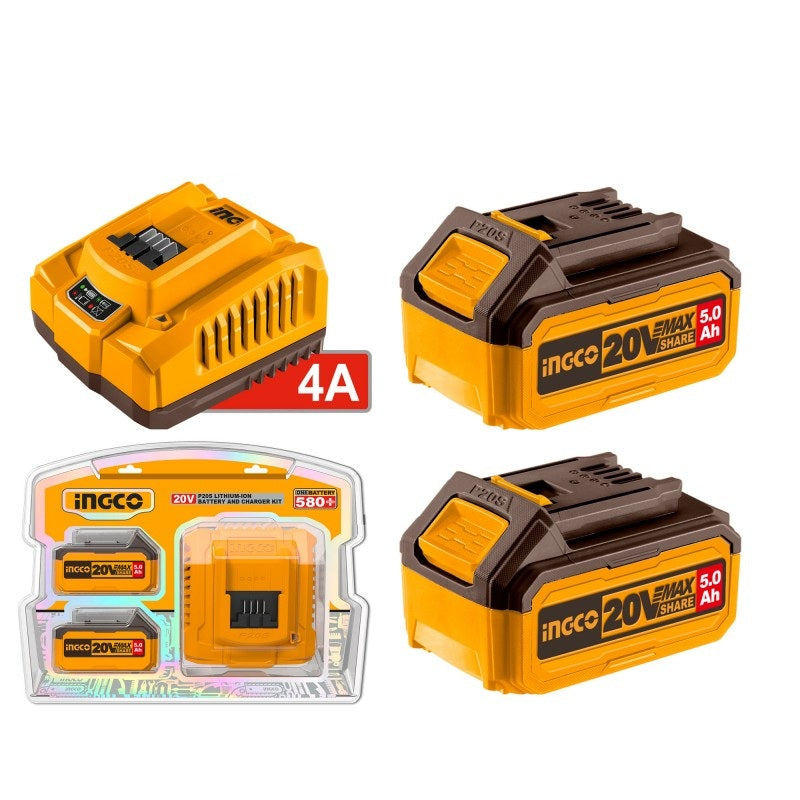 INGCO - Kit Starter 2 Batterie 5Ah + Caricabatterie Rapido FBCPK2513E | 20V | P20S | LED | 4A