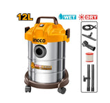 INGCO Aspirapolvere Aspiraliquidi VC14122 | 800W | 12L INOX | Filtro HEPA | Wet & Dry | Kit Completo