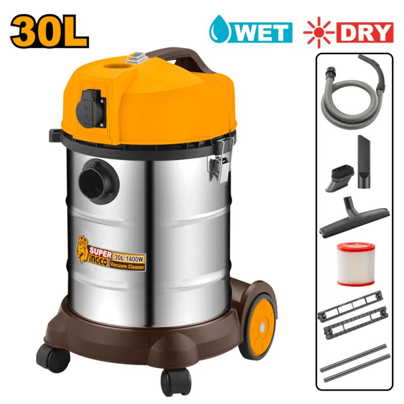 INGCO Aspirapolvere Aspiraliquidi VC14301 | 1400W | 30L INOX | Filtro HEPA | Wet & Dry | Presa Utensili