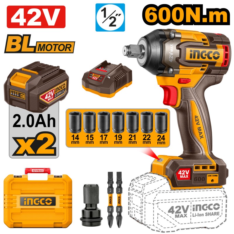 INGCO – Avvitatore Impulsi Brushless 42V | 600Nm | 1/2" | Kit 2 Batterie