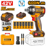 INGCO – Avvitatore Impulsi Brushless 42V | 600Nm | 1/2" | Kit 2 Batterie