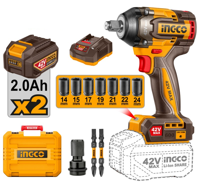 INGCO – Avvitatore Impulsi Brushless 42V | 600Nm | 1/2" | Kit 2 Batterie