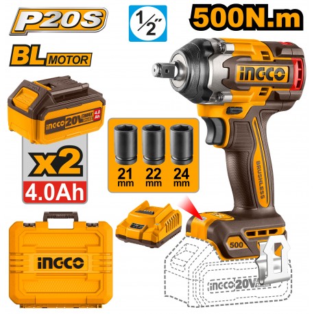INGCO - Avvitatore ad Impulsi CIWLI2050 | 1/2'' | 500Nm | Brushless | 20V P20S | 2 Batterie 4Ah | Valigetta