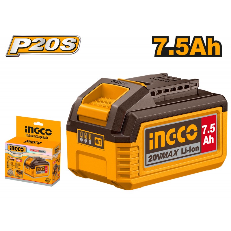 INGCO - Batteria Li-Ion 20V 7,5Ah FBLI2075 | Piattaforma P20S | Indicatore LED | Imballata in Scatola