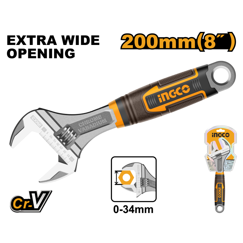 INGCO HADW131088 chiave a rullino 200mm apertura 0-34mm extra wide opening Cr-V