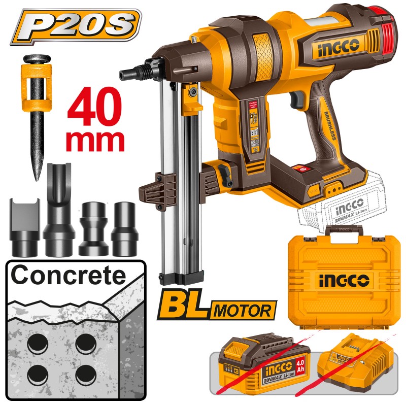 INGCO - Chiodatrice per Calcestruzzo CCNLI9005 | 20V P20S Brushless | 40mm | Calcestruzzo C60 | Solo Corpo + Valigetta