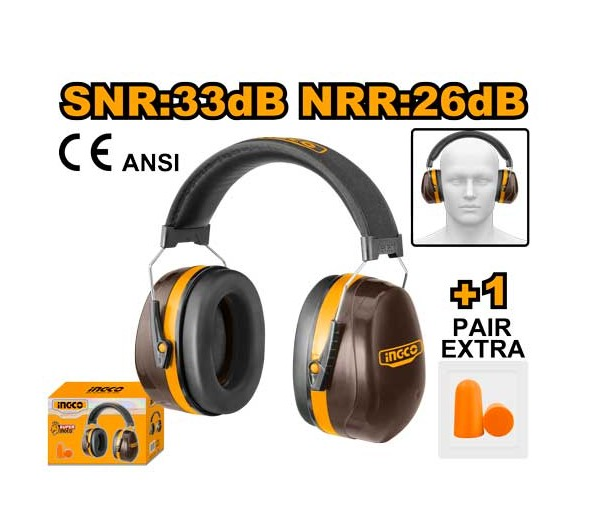 INGCO - Cuffie Antirumore HEM3328 | SNR 33 dB | NRR 26 dB | EN352-2:2020 | Archetto Regolabile