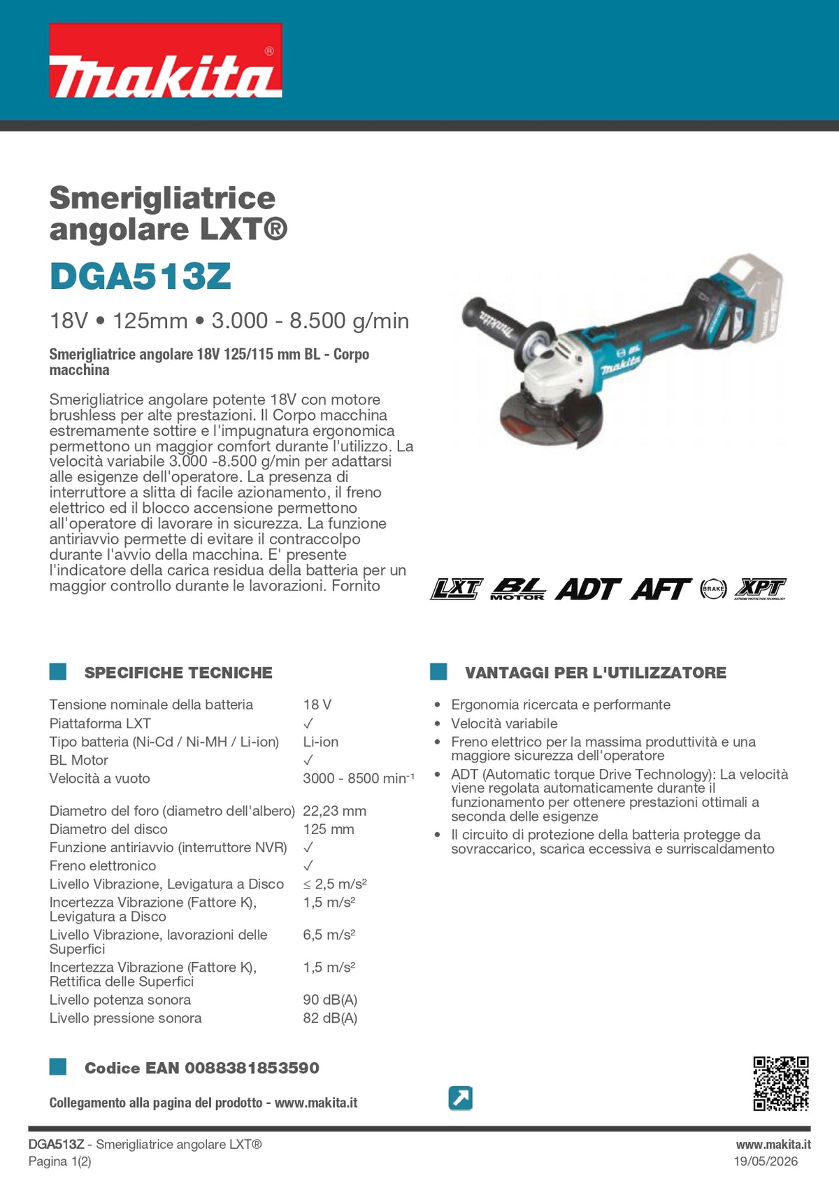 MAKITA - Smerigliatrice Angolare LXT DGA513Z | 18V Brushless | 125mm | 3.000-8.500 giri/min | Solo Corpo
