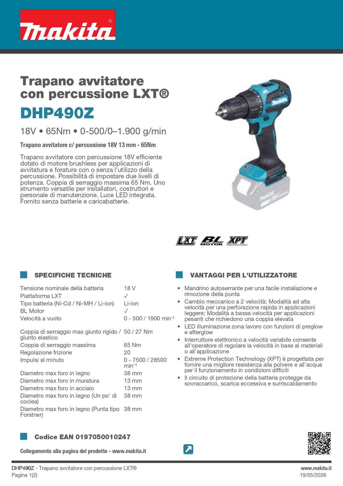 MAKITA - Trapano Avvitatore c/Percussione LXT DHP490Z | 18V Brushless | 65Nm | 13mm | Solo Corpo