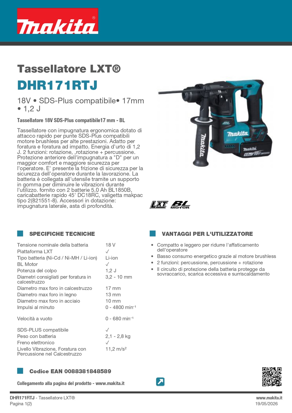 MAKITA - Tassellatore LXT DHR171RTJ | 18V Brushless | SDS-Plus | 17mm | 1,2J | Kit 2x BL1850B + DC18RC + Valigetta