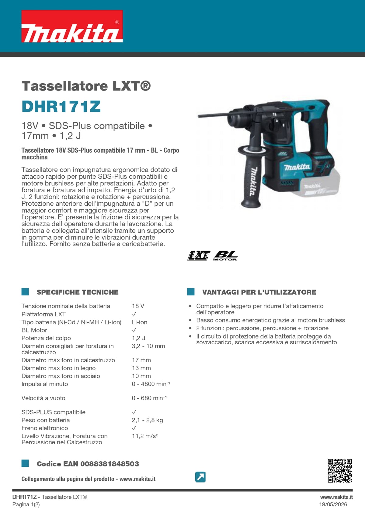 MAKITA - Tassellatore LXT DHR171Z | 18V Brushless | SDS-Plus | 17mm | 1,2 J | Solo Corpo