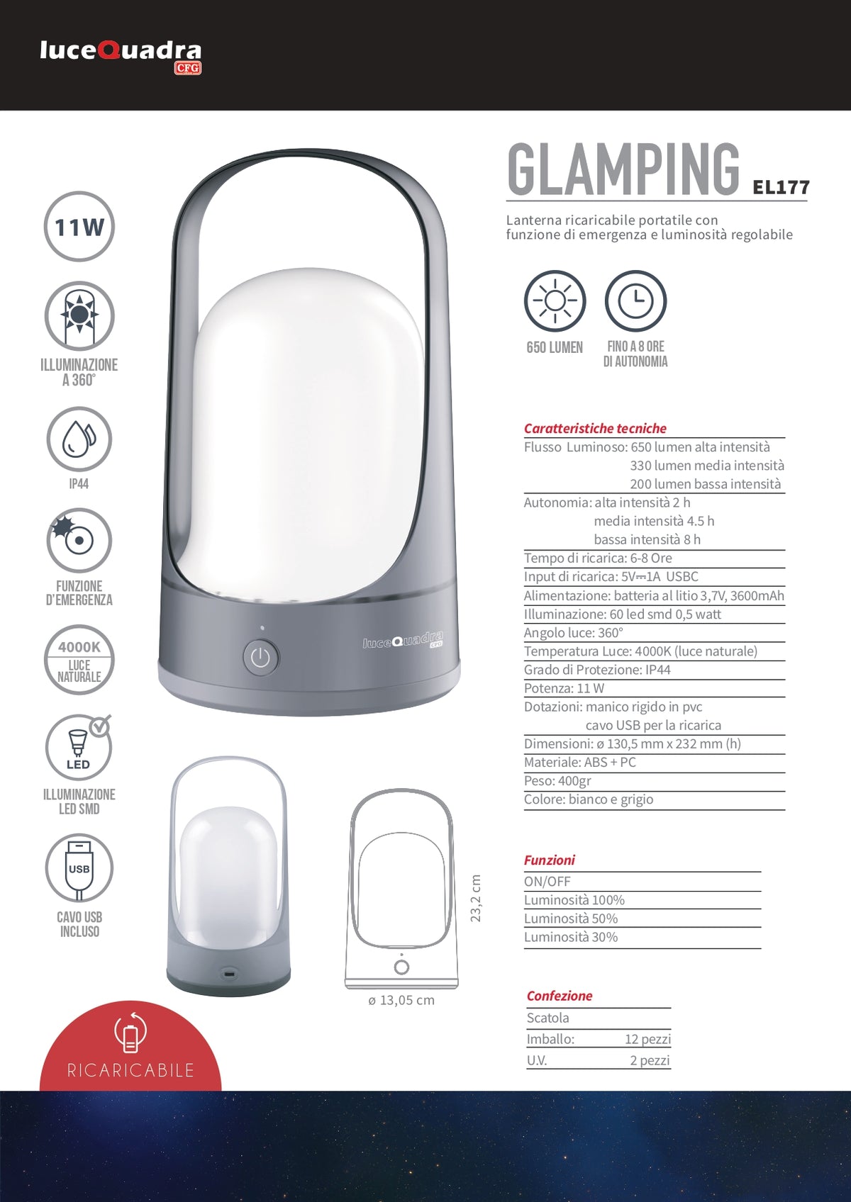 CFG GLAMPING - Lanterna Ricaricabile da Campeggio EL177 | 650 Lumen | 8h Autonomia | IP44 | USB-C | 360°
