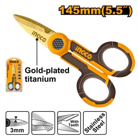 INGCO - Forbice da Elettricista HES02855 | 145mm | Acciaio Inox 3CR14 Placcato Oro | 4 Fili Bronzo | Lama 3,0mm