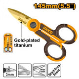 INGCO - Forbice da Elettricista HES02855 | 145mm | Acciaio Inox 3CR14 Placcato Oro | 4 Fili Bronzo | Lama 3,0mm