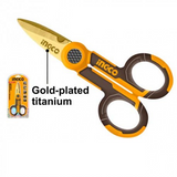 INGCO - Forbice da Elettricista HES02855 | 145mm | Acciaio Inox 3CR14 Placcato Oro | 4 Fili Bronzo | Lama 3,0mm