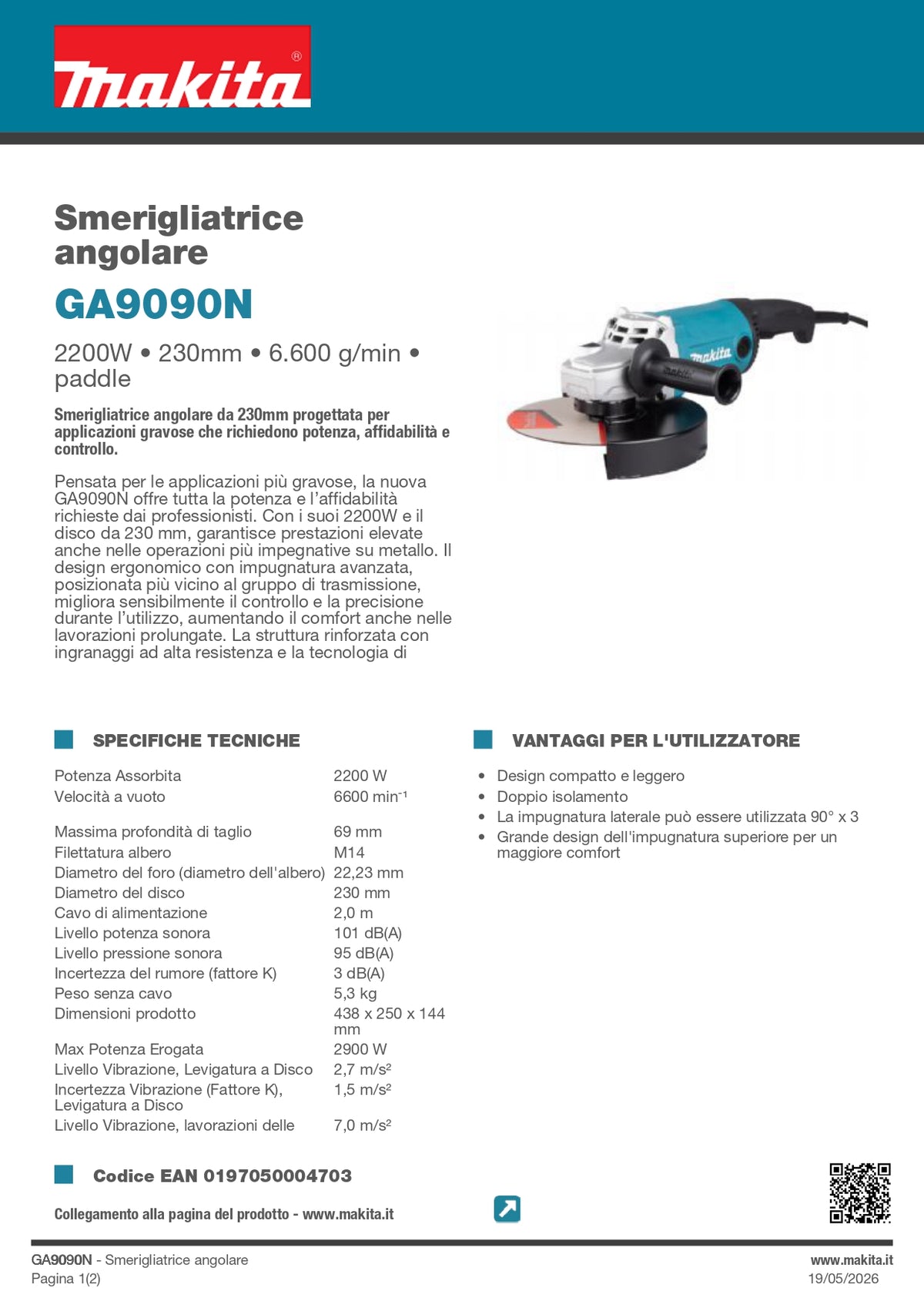 MAKITA - Smerigliatrice Angolare GA9090N | 2.200W | 230mm | 6.600 giri/min | Paddle Switch