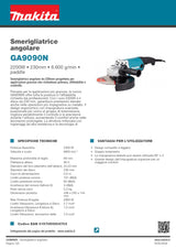 MAKITA - Smerigliatrice Angolare GA9090N | 2.200W | 230mm | 6.600 giri/min | Paddle Switch