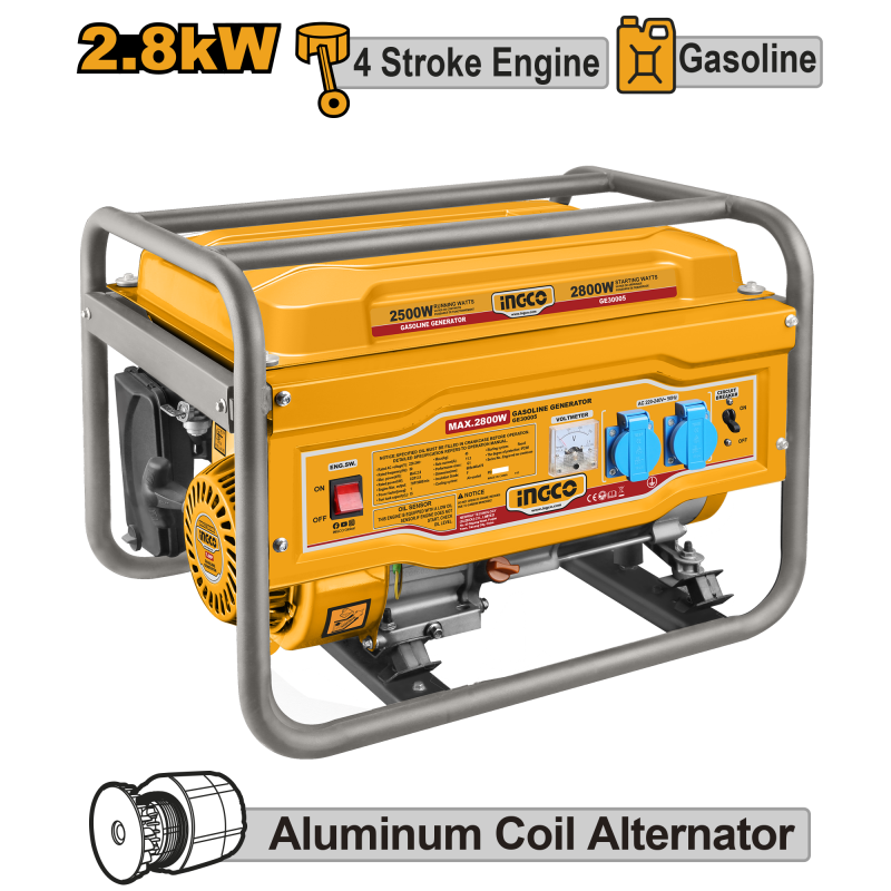 INGCO - Generatore di Corrente a Benzina 2,8kW GE30005 | 4 Tempi | 210cc | 3000 rpm | Avv. a Strappo
