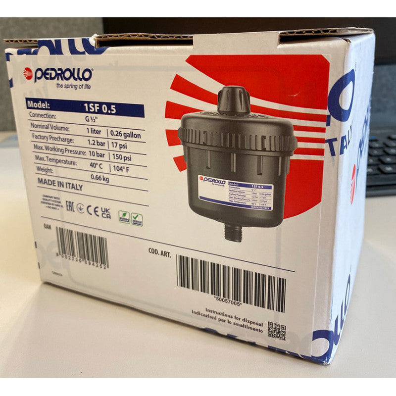 Pedrollo - Ausdehnungsgefäß 1SF | 1/2" AG | 1 Liter | 10 bar | Feste Membran | Für Top Multi Tech