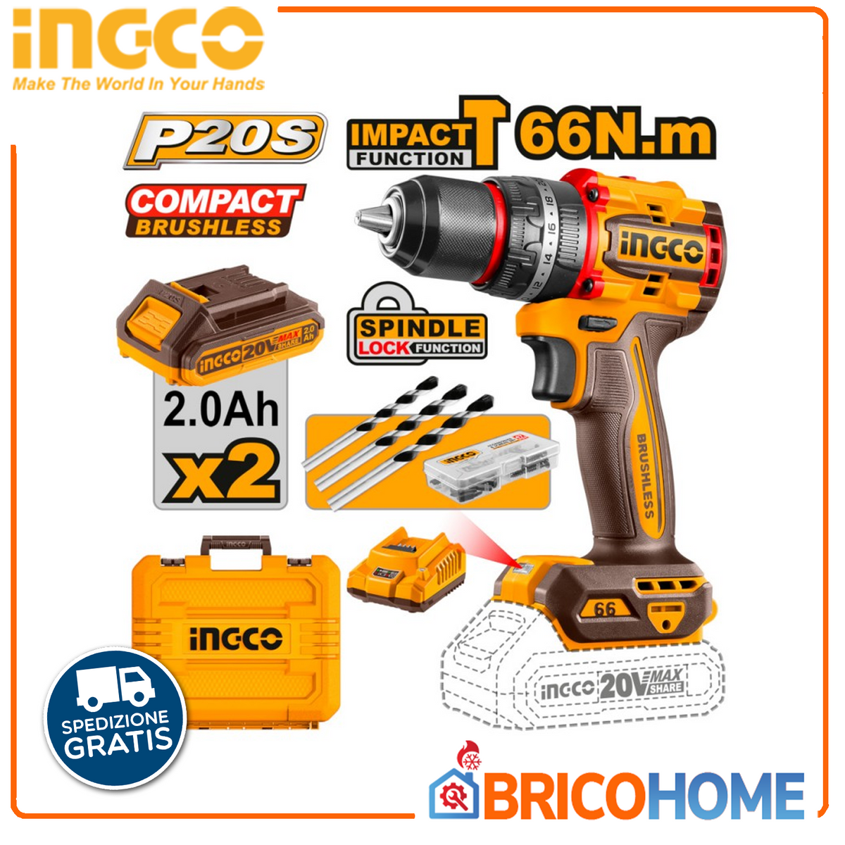 INGCO - Perceuse à percussion Brushless CIDLI20668E | 66Nm | 2 batteries 2Ah | 47 accessoires | Valise