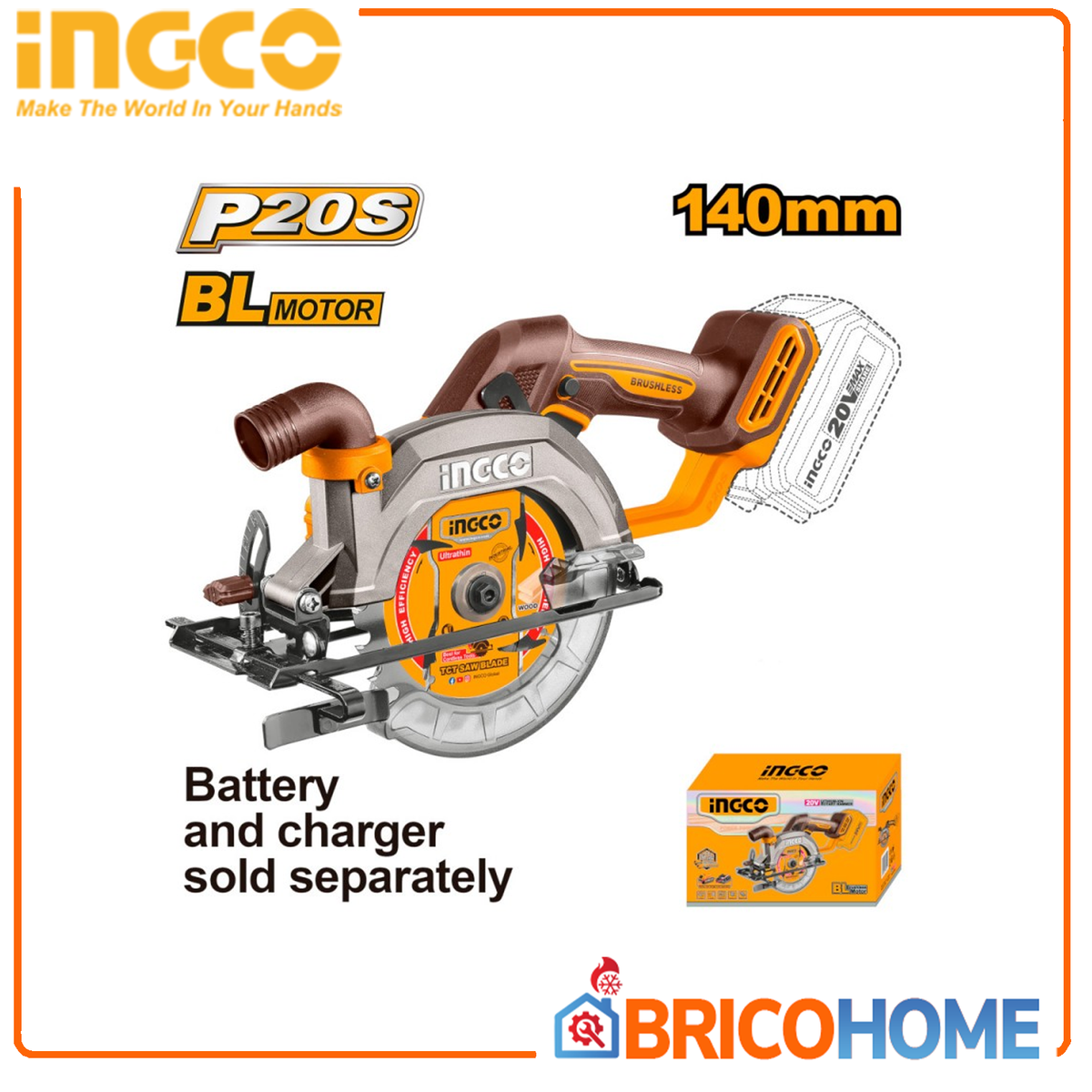 INGCO - Sega Circolare Brushless 20V CSLI1402 | 140mm | 6300 rpm | Solo Corpo